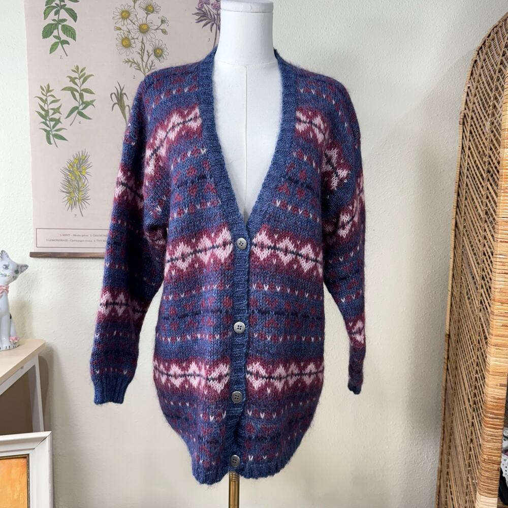 90s Y2k Oversized Fair Isle Mohair Aztec Cardigan Sweater Southwestern Boho S M